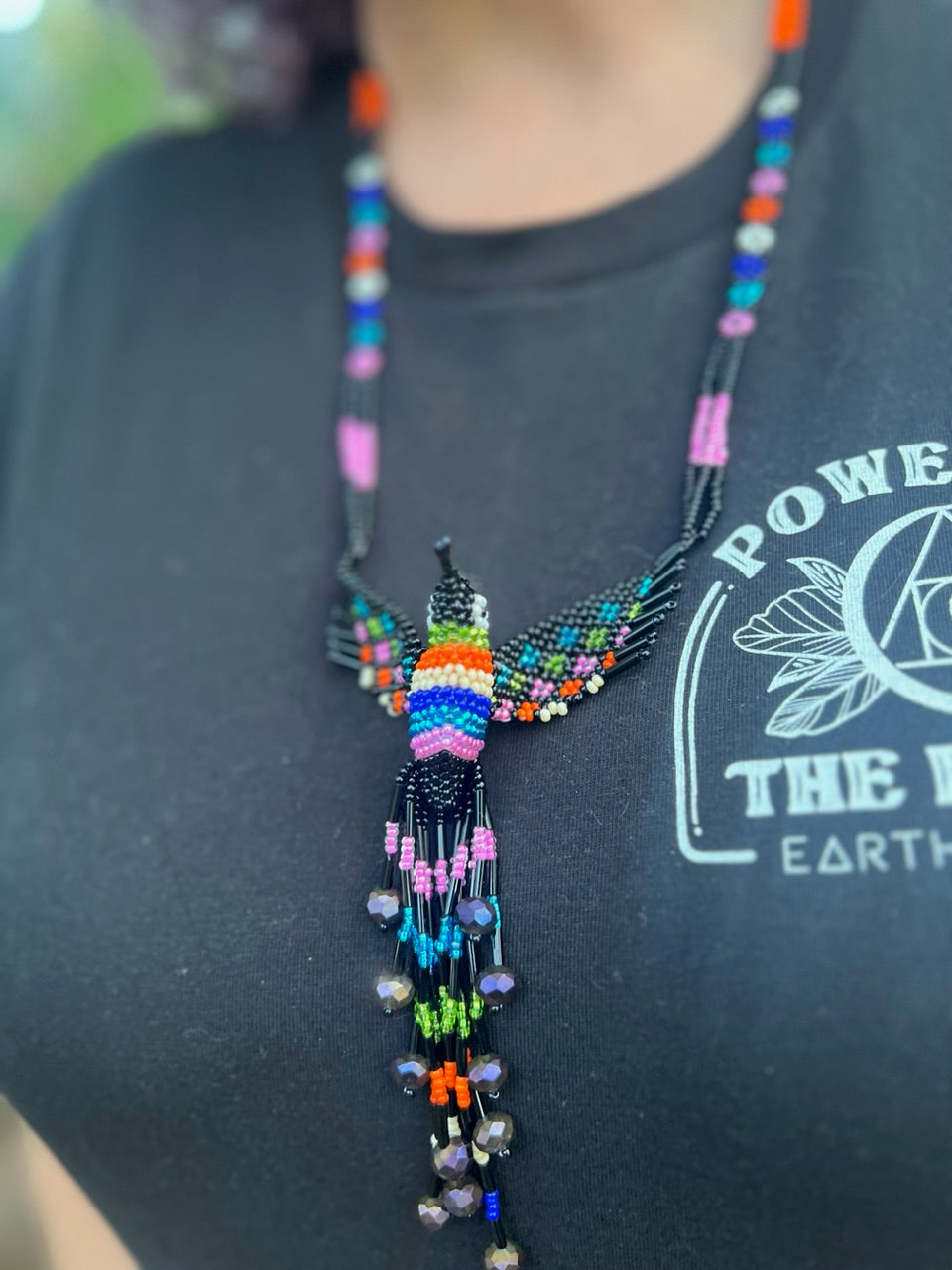 Black Hand-Beaded Hummingbird Necklace