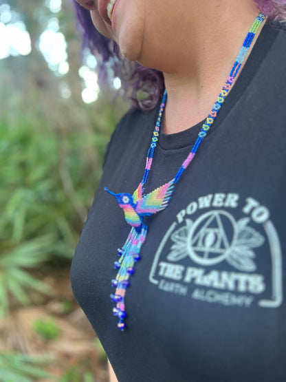 Blue Rainbow Hand-Beaded Hummingbird Necklace