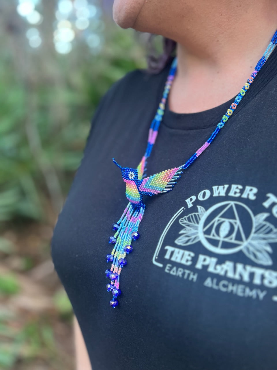 Blue Rainbow Hand-Beaded Hummingbird Necklace