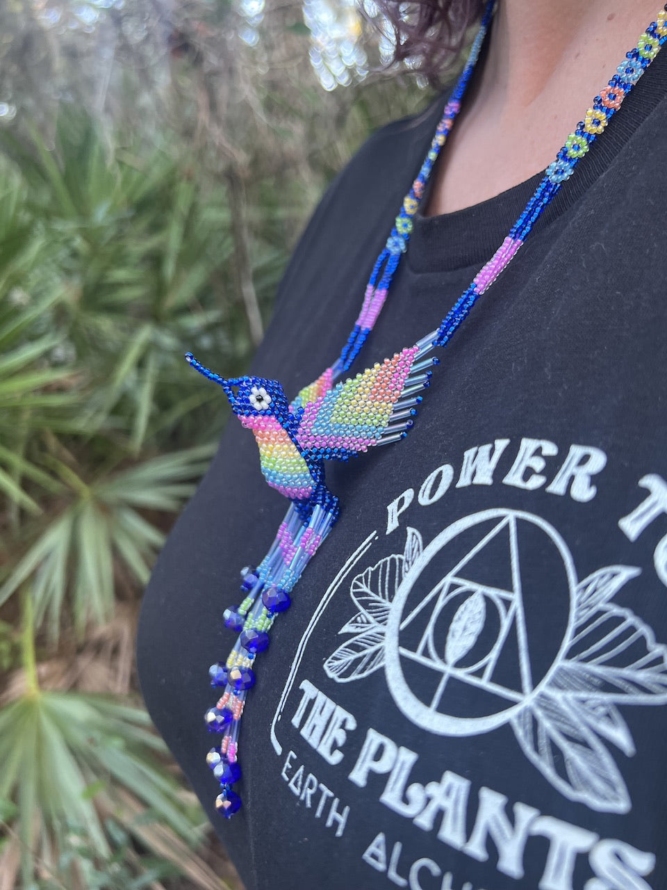 Blue Rainbow Hand-Beaded Hummingbird Necklace