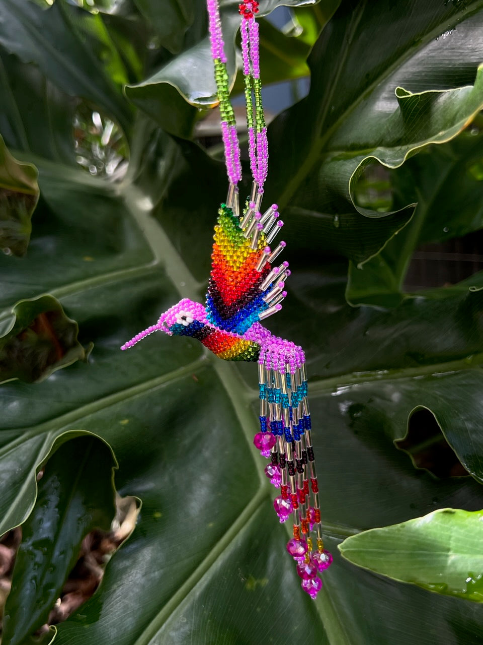 Pink Rainbow Hand-Beaded Hummingbird Necklace