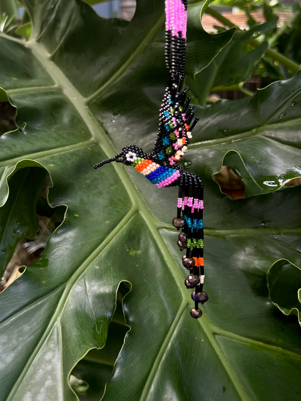 Black Hand-Beaded Hummingbird Necklace