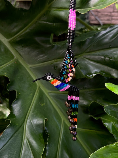 Black Hand-Beaded Hummingbird Necklace