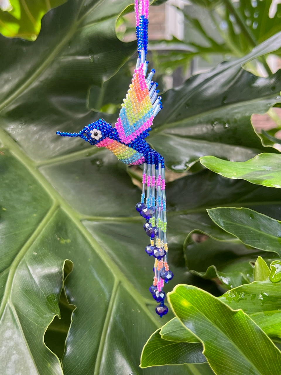 Blue Rainbow Hand-Beaded Hummingbird Necklace