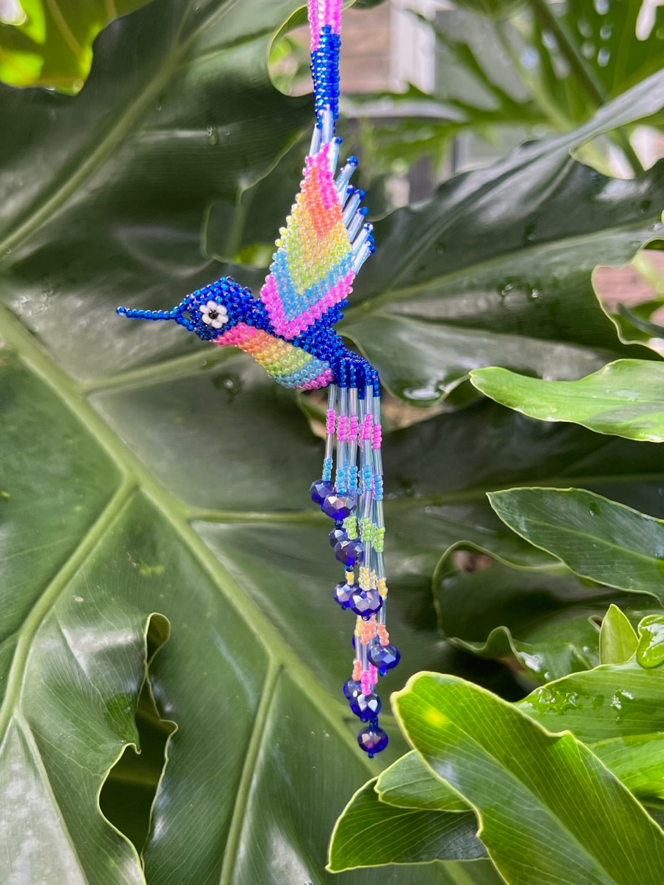 Blue Rainbow Hand-Beaded Hummingbird Necklace