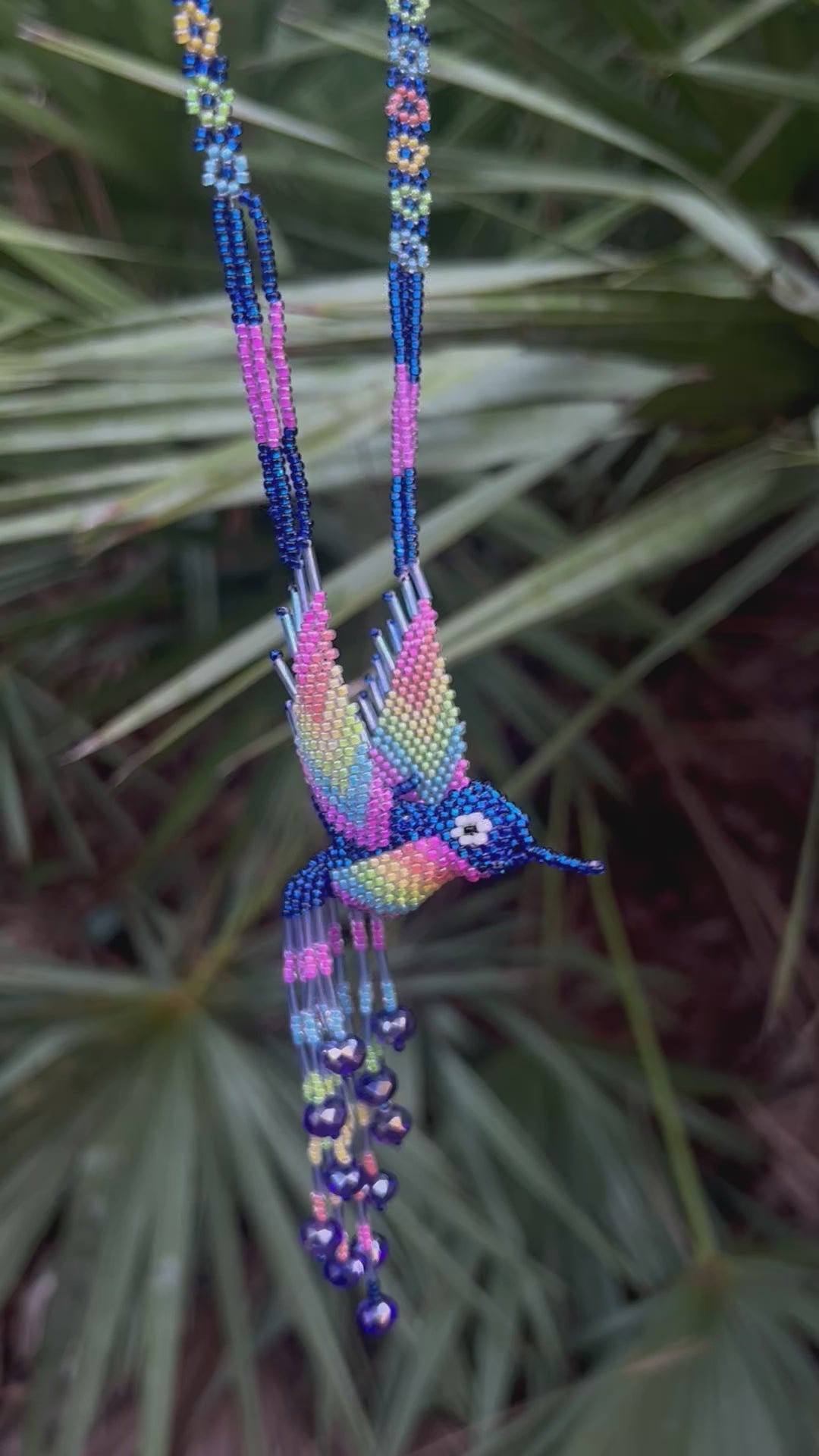 Blue Rainbow Hand-Beaded Hummingbird Necklace